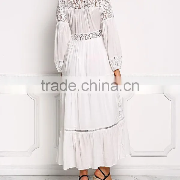 Off White Lace Trim Button Down Maxi Dress Long Frock Design HSd5221 photo-6