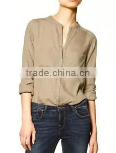Banded Collar Blouse Shirts Two Pockets Casual Fashion Shirts for Ladies photo-4