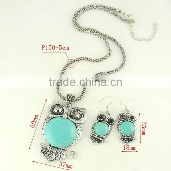 Antique Owl Pendant Silver Plated Turquoise Dangle Earrings Chain Necklace Set photo-4