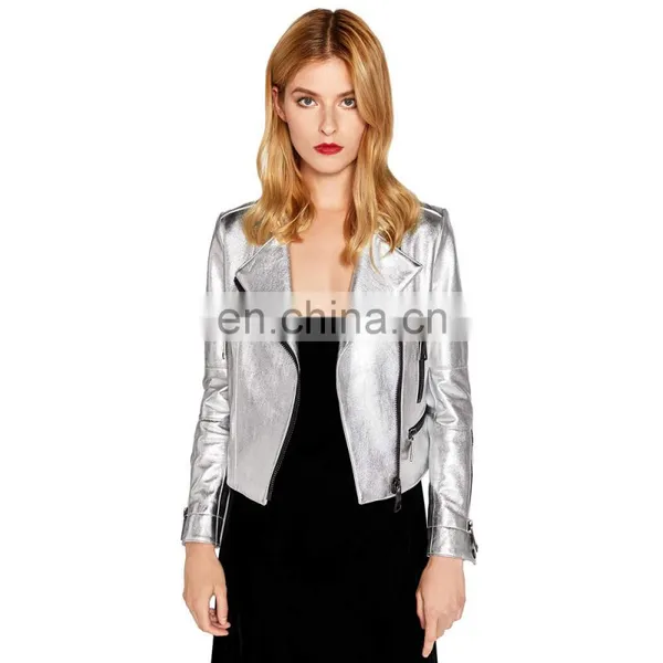 Womens Soft Lamb Leather Cropped Sliver Biker Moto Short Jacket