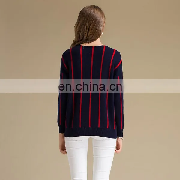 Winter Casual Navy Blue Vertical Stripe Patterned Cashmere Sweater for Women photo-2
