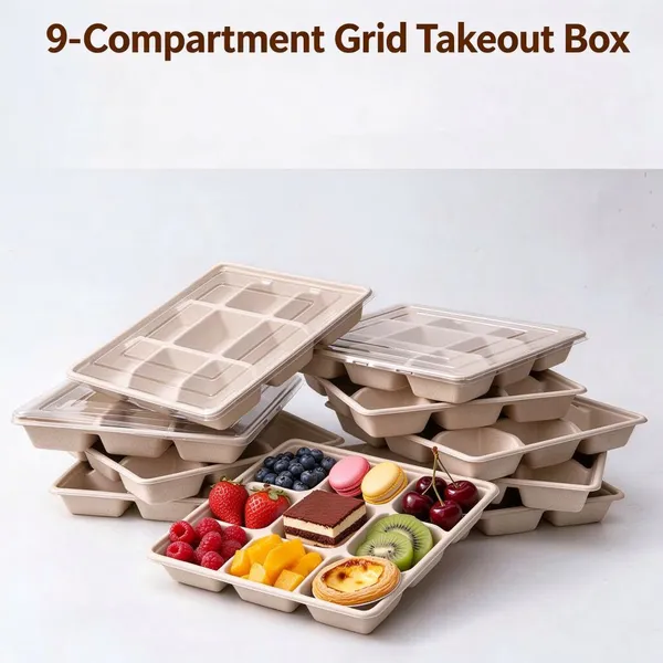9-Compartment Molded Bagasse Square Divided Tray Food-Grade Biodegradable for Hotel