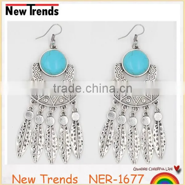 2016 Alloy Silver Plated Leaf Shape Turquoise Earring for Women photo-4
