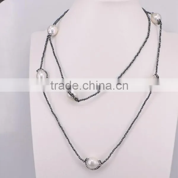 Freshwater Pearl Necklace, With 2mm Hematite Beads Necklace, Charm Beaded Gem Natural Stone Necklace
