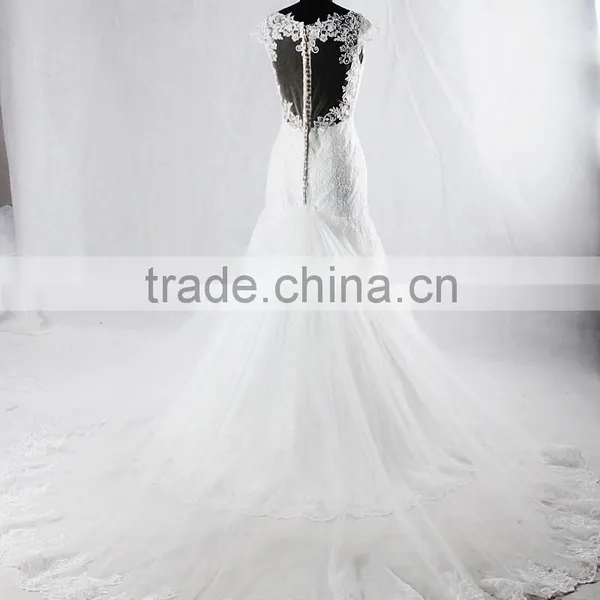 RSW928 Cap Sleeves Illusion Neckline See Through Back Lace Wedding Dresses Mermaid With Detachable Train photo-3