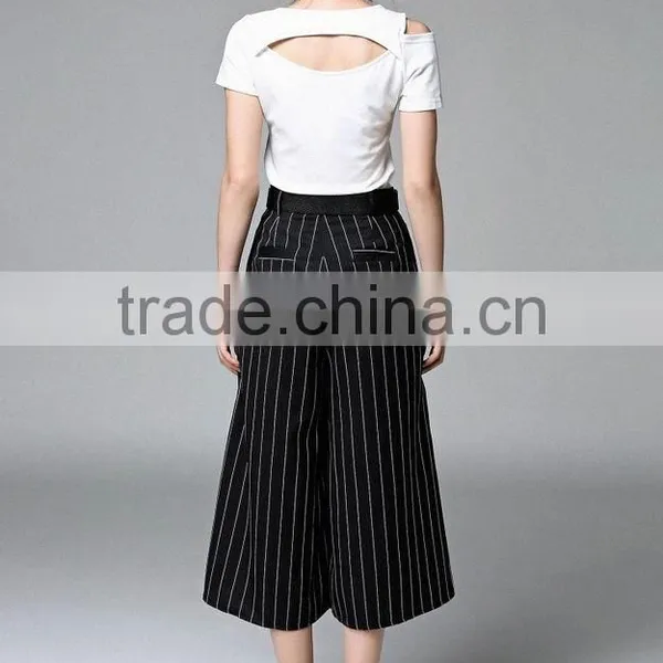 Two Pieces Set Women New Fashion Summer 2016 Ladies Off Shoulder T-Shirt Tops and Striped Print Wide Leg Pants photo-4