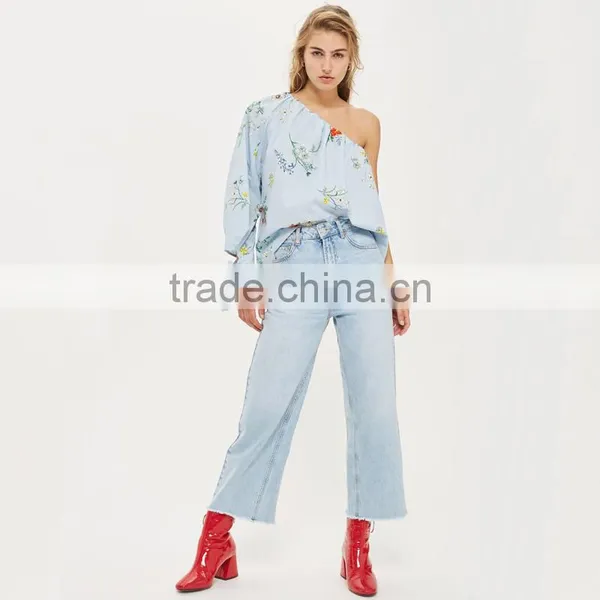 Tie Cuff Modern Lady's One Shoulder Stripe and Floral Poplin Blouse photo-5