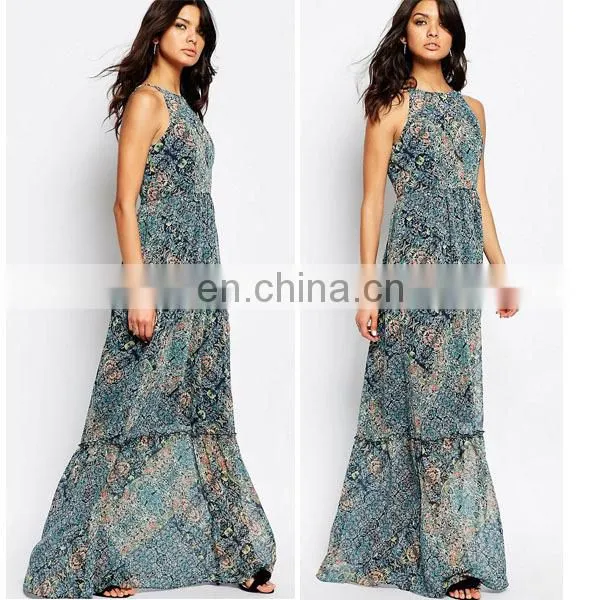 2016 Summer Europe Printed Loose Sleeveless Laides Fancy Long Maxi Dress