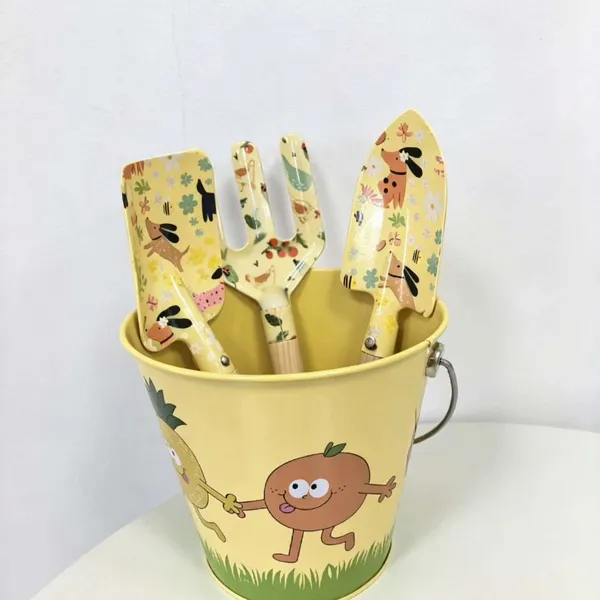 Cute Cartoon Kids Gardening Tool Set | Metal Bucket With Wooden Handle Garden Toy Kit