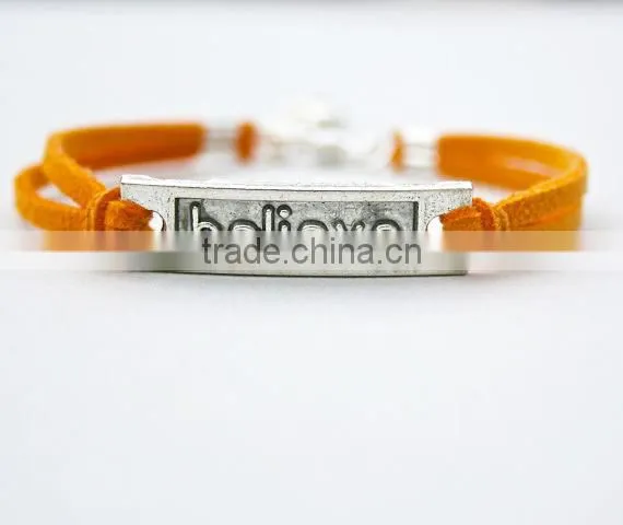 Custom Gift Leather Cord Antiqued Silver Believe Charm Bracelet photo-2