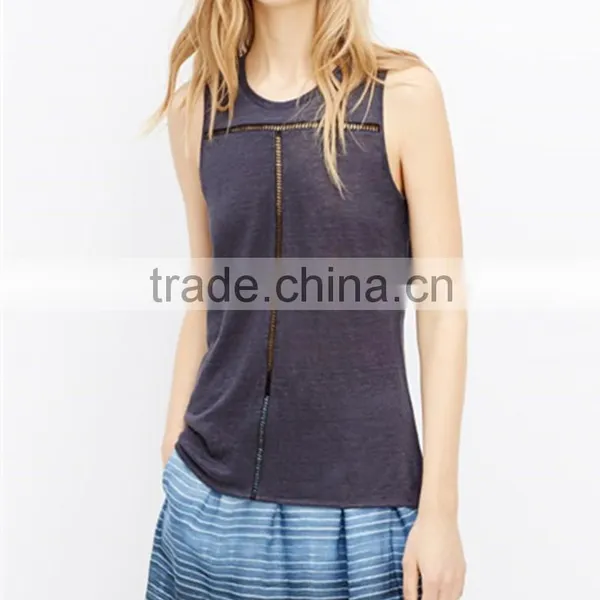 2015 New Fashion Ladies Linen Tank With Inset Lace, Lightweight Soft Vest For Women