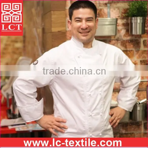 Supply 2015 Newest Design 245gsm Drill Fabric Chef Coat Uniform With Stiff Cuffs for Roll up Sleeve(LCTU0022) photo-2