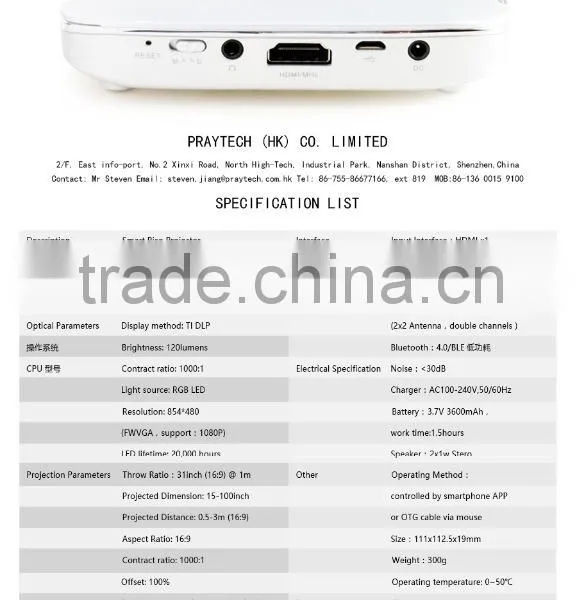 120Lumens Brightness DLP Style Bluetooth Android 4.4 Mini Beam Projector photo-6