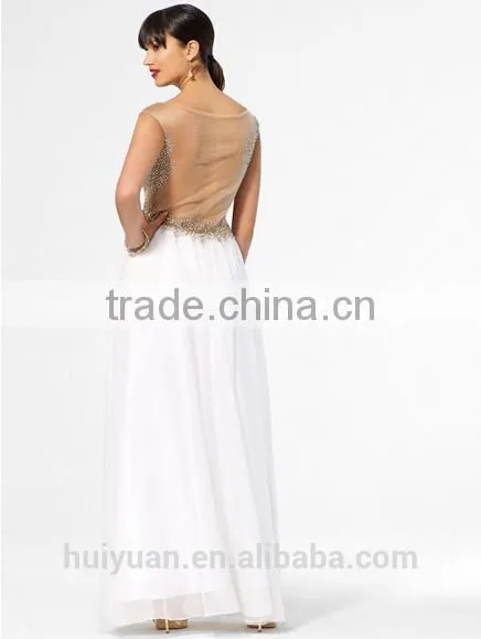 Gold White Combine Beaded Halter Full Length Chiffon Party Wear photo-2