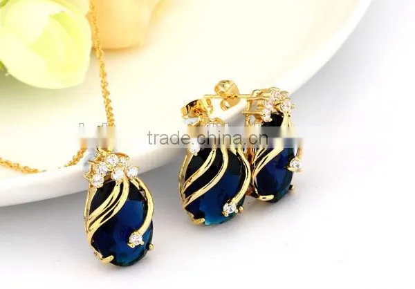 Copper Gemstone Fashion Jewelry Sets,Drop Earrings Crystal Pendant Necklace Bridal Jewelry Set (Red,Green,Blue,Purple and Black) photo-3