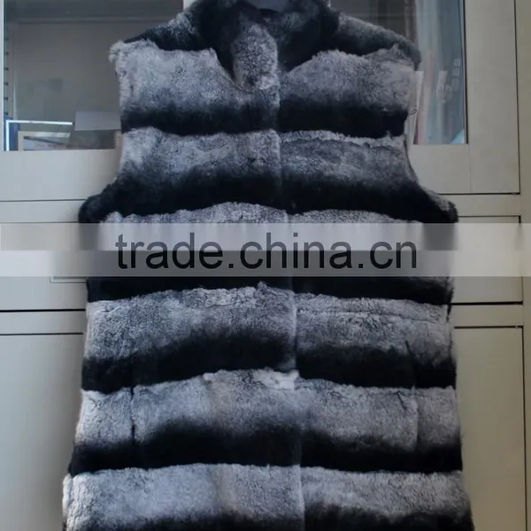 YR247 Genuine Rex Rabbit Chinchilla Dyed Fur Waistcoat Long Fur Gilet photo-3