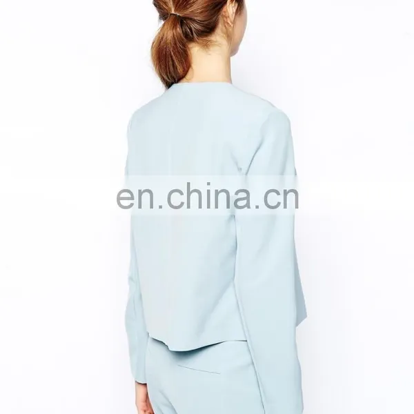 2015 Latest Fashion From China High Quality Women Coat , Short Light Blue Suit Jacket photo-2