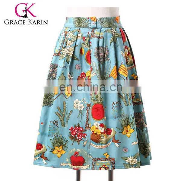 Grace Karin Women Pleated Big Size Vintage Skirt Pinup 50S 60S Cotton Floral Print Skirt CL6294-6