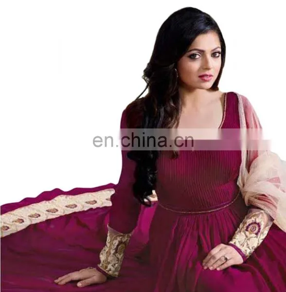 Women Maroon Color Floor Length Anarkali Style Semi Stitched Dress Material 2017 (anarkali Dresses) photo-2
