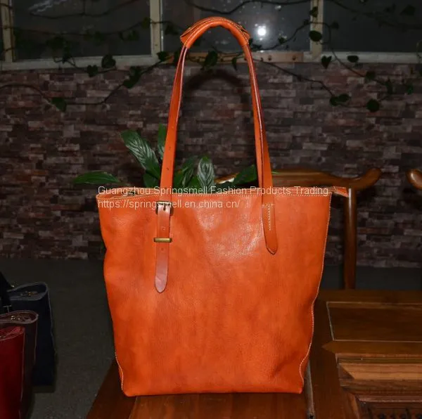 Large Genuine Leather Handbag Vegetable Tanned Soft Leather Woman Tote Bag photo-3