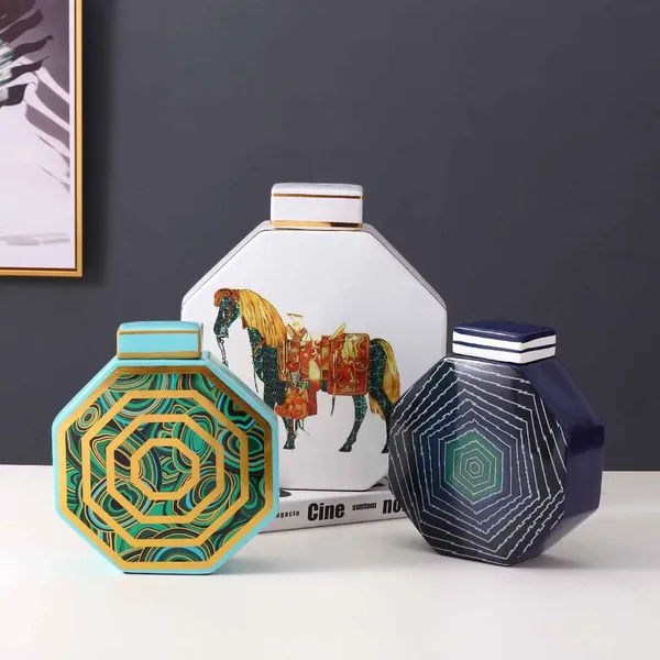 European Simple Style Hexagonal Cylinder Horse Painting Ceramic Flower Vase With Square Lid For Home Decoraration photo-3
