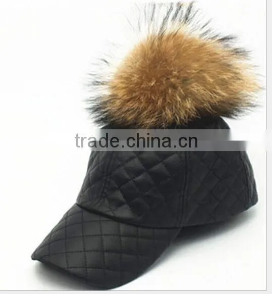Fashion Genuine Raccoon Fur Pompom Hat New PU Leather Baseball Snapback Cap Unisex Woman Man Hat With Real Raccoon Fur Balls