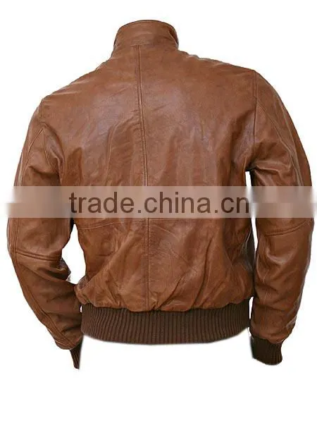 Men's Tan Leather Collar Bomber Jacket photo-2