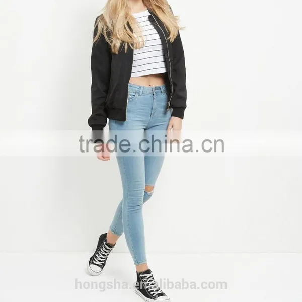 2016 Ladies Sexy White Ribbed Stripe Crop Top HST8040 photo-2