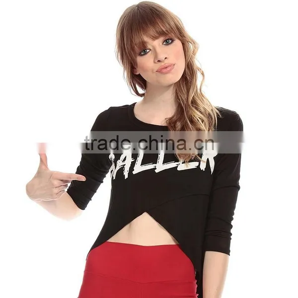 Women's Front Cross Swallow Tail 3/4 Sleeve Crop Top T-shirt Clothing photo-4