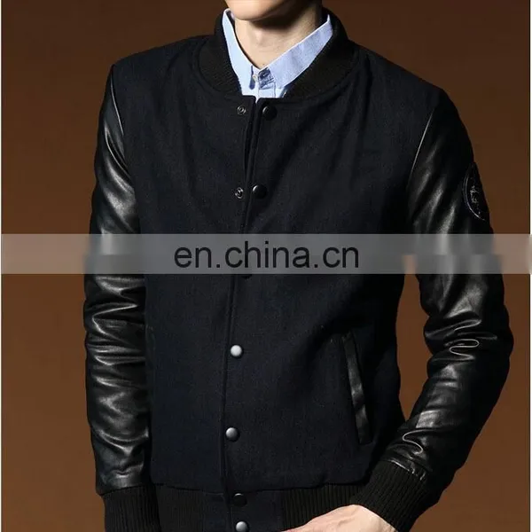 UK Designer Vintage Flight Black Wool Mens Bomber Jackets With Leather Sleeves
