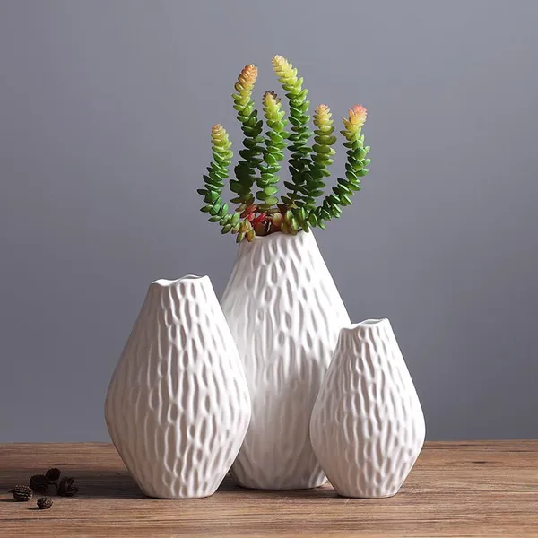 Nordic Style Almond Matte Irregular White Ceramic Artificial Flower Vase Decor For TV Bench photo-3