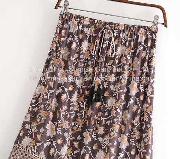 Wholesales Summer Half-length Skirt Retro Rayon Placement Printing 100% Rayon Cotton Tassel Elastic Waist Long Skirt Female photo-3