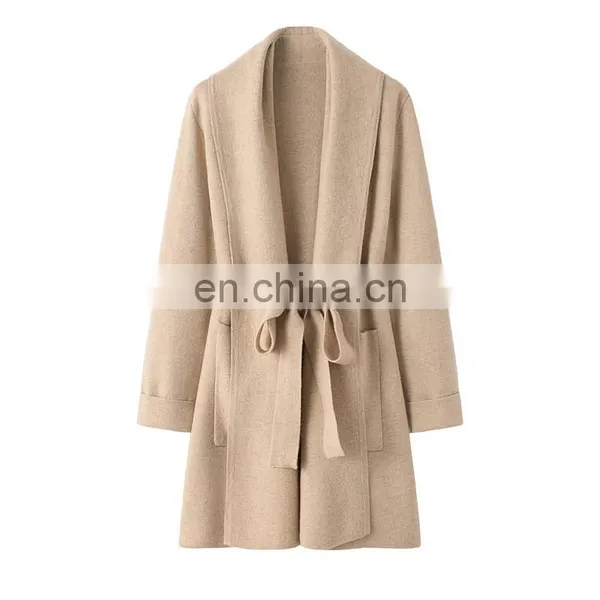 100% Knitted Mid-Length Cashmere Sweater Cardigan Inner Mongolia Plus Size Coats Front Logo Solid Pattern Winter Season Pocket photo-4