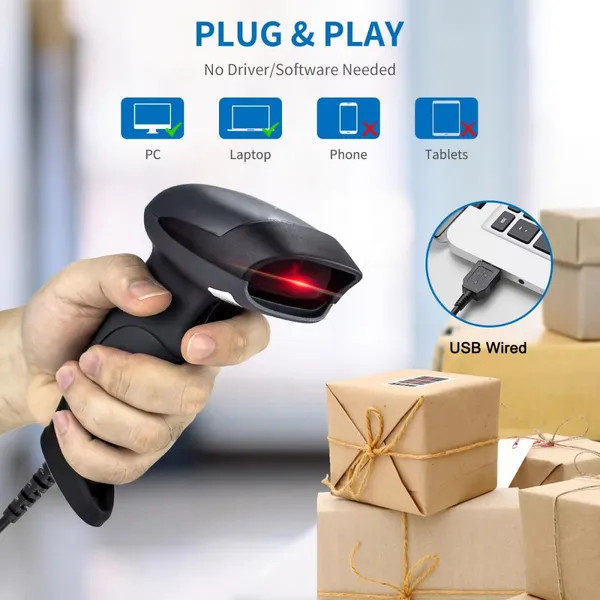 Handheld Barcode Reader 2D Wireless Barcode Scanner with USB Cradle Receiver Charging Base & Button Control