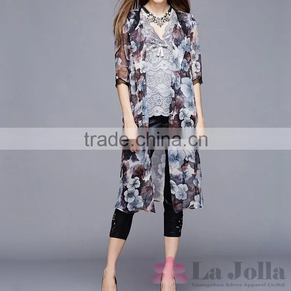 2016 Summer Fashion Ladies Flower Printed Chiffon Grace Short Sleeves T-shirt 139