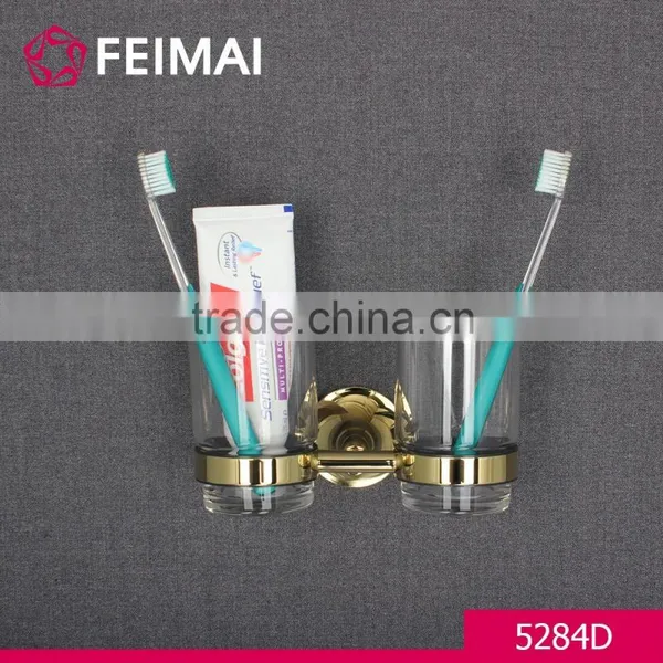 Simple Design Brass Gold Finished Double Tooth Brush Glass Holder photo-2