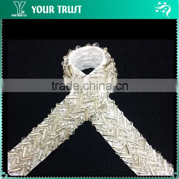 Cross Line Transparent Bugle White Pearls White Organza Trimming photo-4