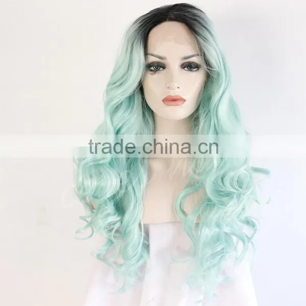 Lace Front Black Green Ombre Wig Long Wavy Curly High Temperature Synthetic Wig photo-2