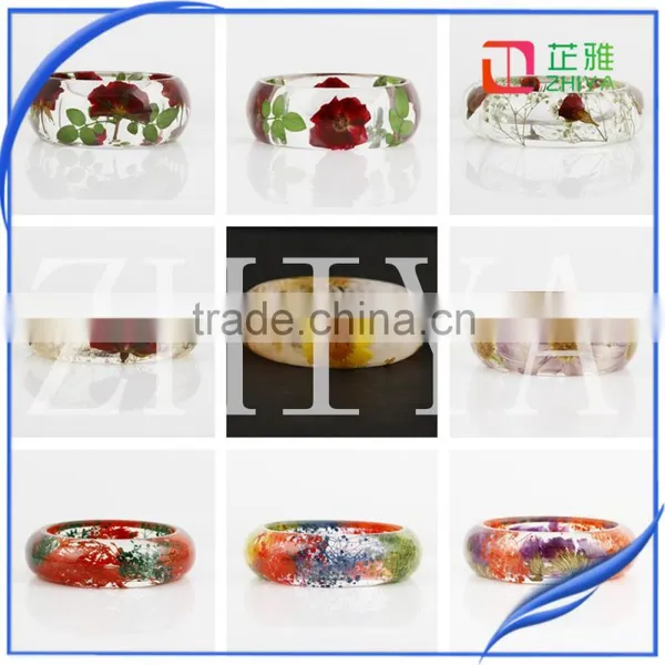 ZHIYA 2016 Series Fashion Clear Resin Bangle Cloud Effect With Real Dried Yellow Chrysanthemum Flowers Gold Foil photo-4