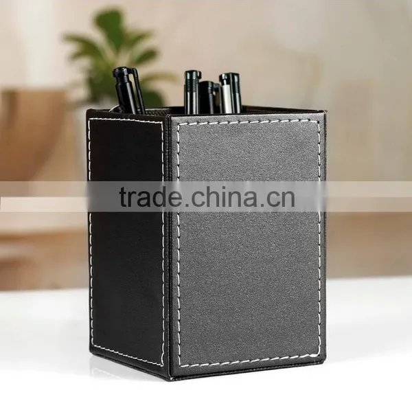 China Wholesale Office Stationery , Luxury Pen Holder, Leather Square Brush Pot photo-2