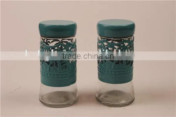 Glass Spice Jar Condiment Bottle With Lid Green Metal Cover photo-2