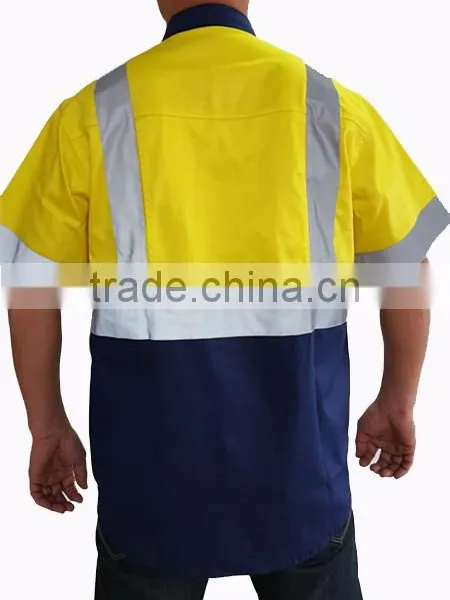 OEM Mining Workwear Uniform Mens Button-front Yellow Cotton Twill Work Shirt With Hi Vis Tapes photo-2