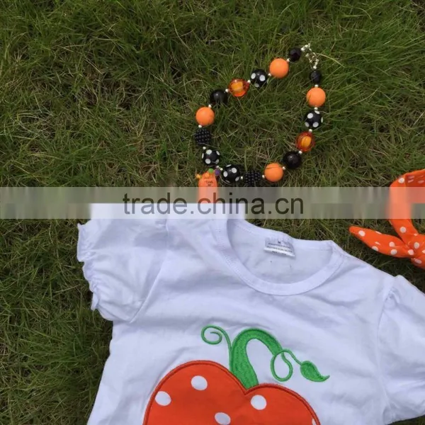 Short Sleeves Halloween Girls Pumpkin Print Pant Ruffle Kids Boutique Outfits Girls Suit With Matching Necklace and Headband photo-3