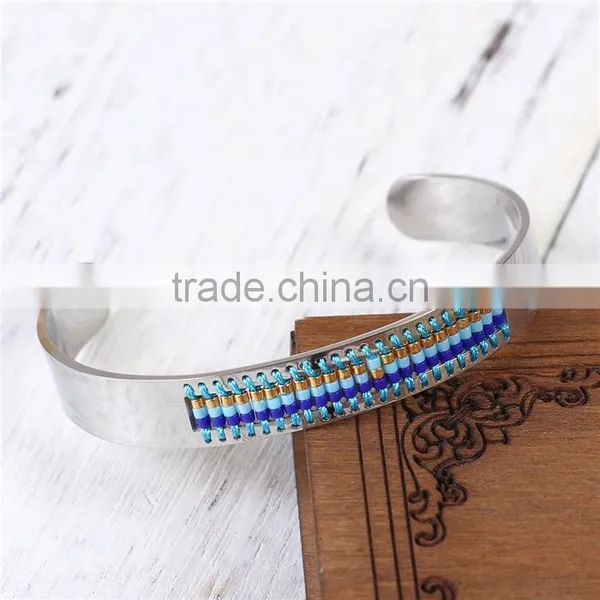 Titanium Steel Seed Beads Open Cuff Bangles Bracelets Silver Tone Blue photo-2
