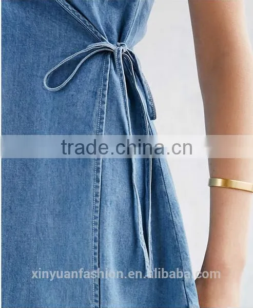 Apparel Denim Sexy Blue Plunge Neck Dress Spaghetti Strap Sashes Wrap Dresses Backless Sleeveless Street A-line Dress photo-6