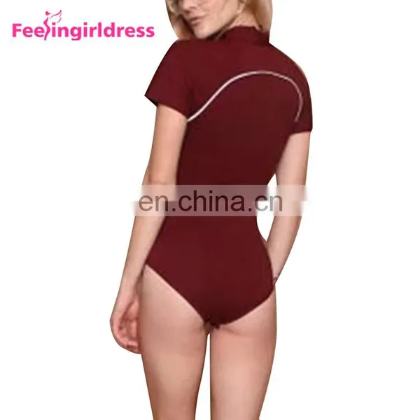 China Factory Wine Red Bodysuit High Elasticity Vintage Romper Cotton Womens Clothing Jumpsuits photo-5