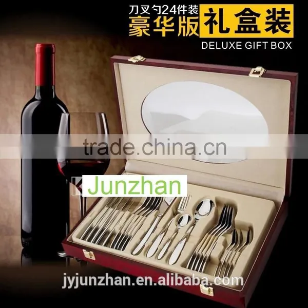 24pcs Spoon Fork Knife Sets With Plain Handle and Wooden Box Packing photo-3