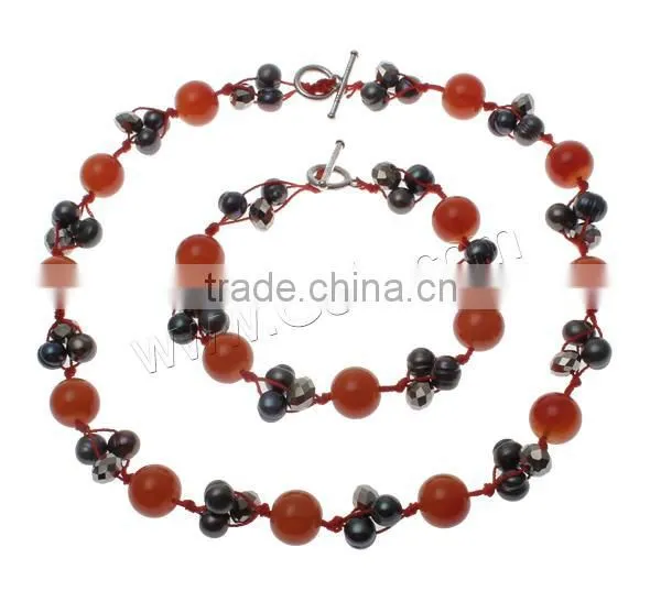 Agate Jewelry Sets, Freshwater Pearl, sweater chain necklace & bracelet, with Nylon Cord & Red Agate & Crystal, brass toggle cla