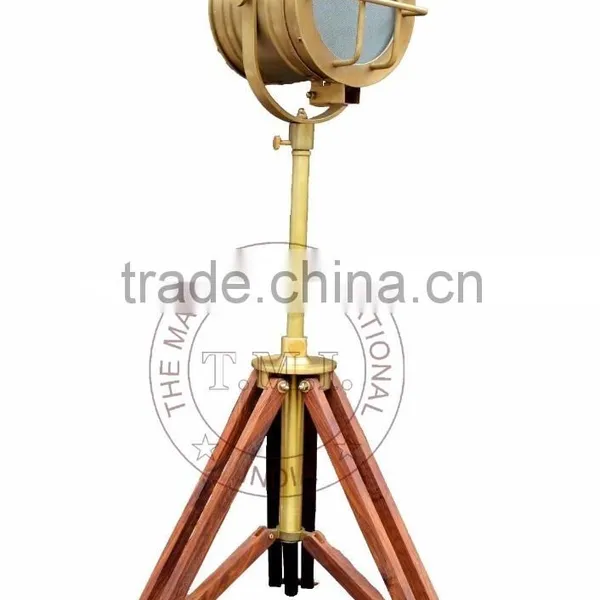 BROWN ANTIQUE ROYAL MARINE SPOTLIGHT WITH TRIPOD STAND - VINTAGE LOOK SEARCHLIGHT ON STAND