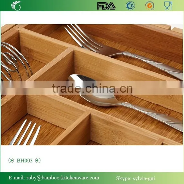 BH003/Expandable Bamboo Cutlery Drawer Organizer With Knife Block Compact Storage Tray photo-2